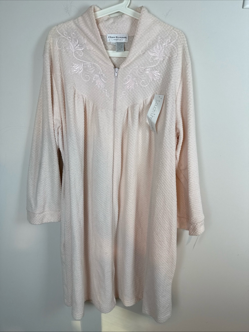 Miss Elaine Embroidered Terry Long Robe Size 1X Pink Zip Front